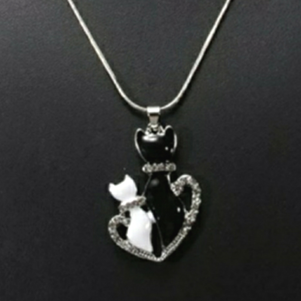 NEW Black and White Cats Necklace With Rhinestones